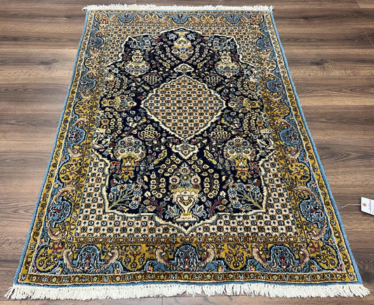 Fine Persian Qum Rug 3x5, Semi Antique Vintage Oriental Ghom Carpet, Floral Medallion, Highly Detailed, Hand Knotted, Navy Blue, Wool Area Rug, Birds - Nuvé