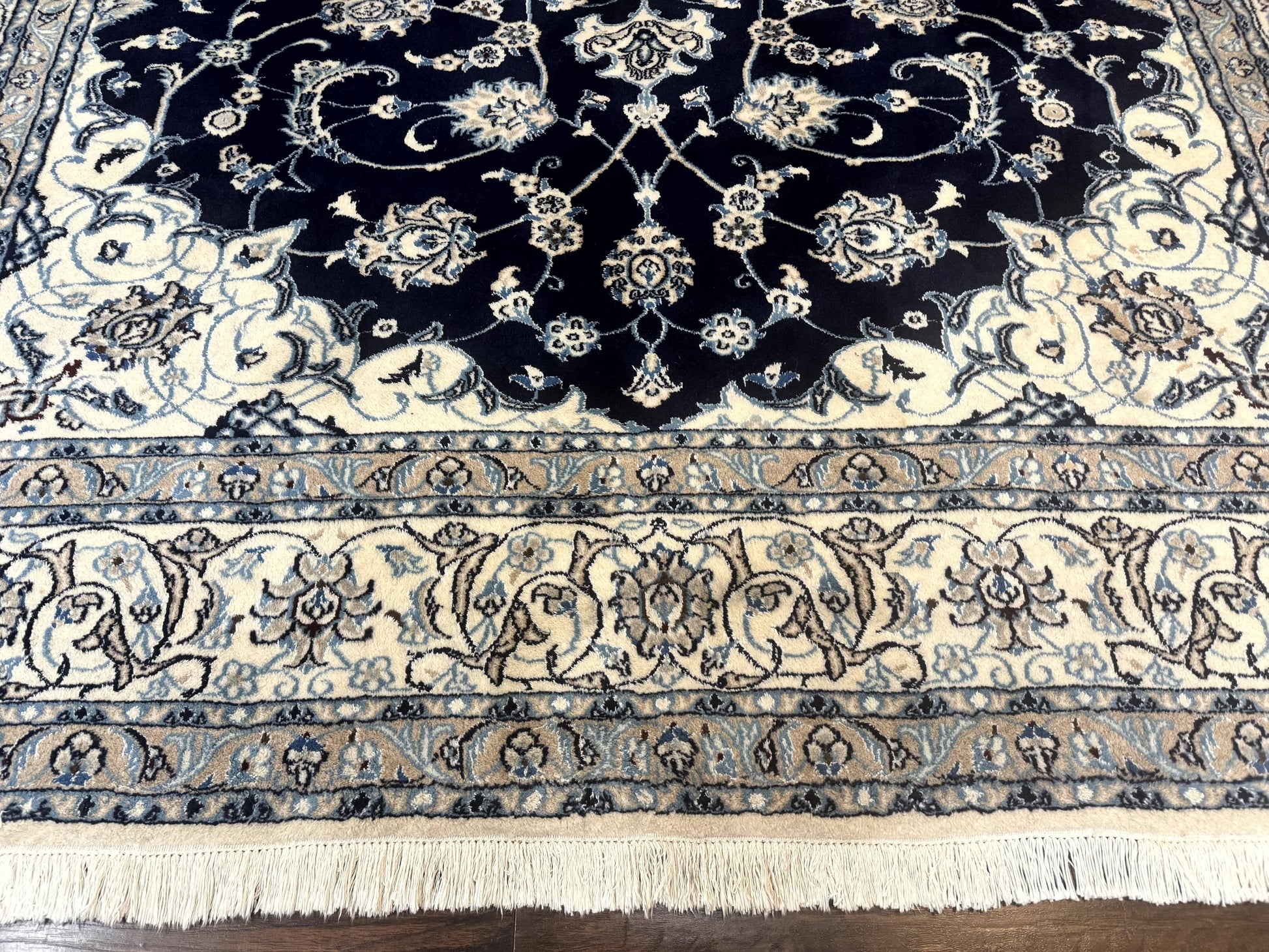 Persian Nain Rug 8x11, Navy Blue and Ivory, Handmade Wool Vintage Carpet, Floral Medallion - Nuvé