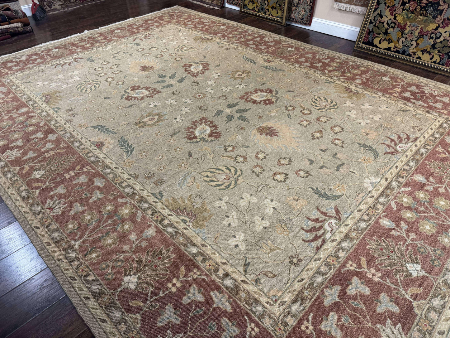Large Turkish Soumak Rug 10x14, Flatweave Dhurrie, Handmade, Light Green and Salmon - Nuvé