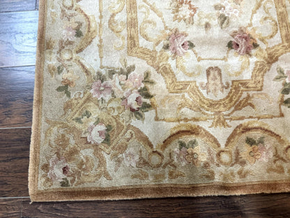 Chinese Aubusson Rug 3.6 x 5, Beige and Gold, Handmade Vintage Elegant European Design Carpet, Plush Wool, Handmade - Nuvé