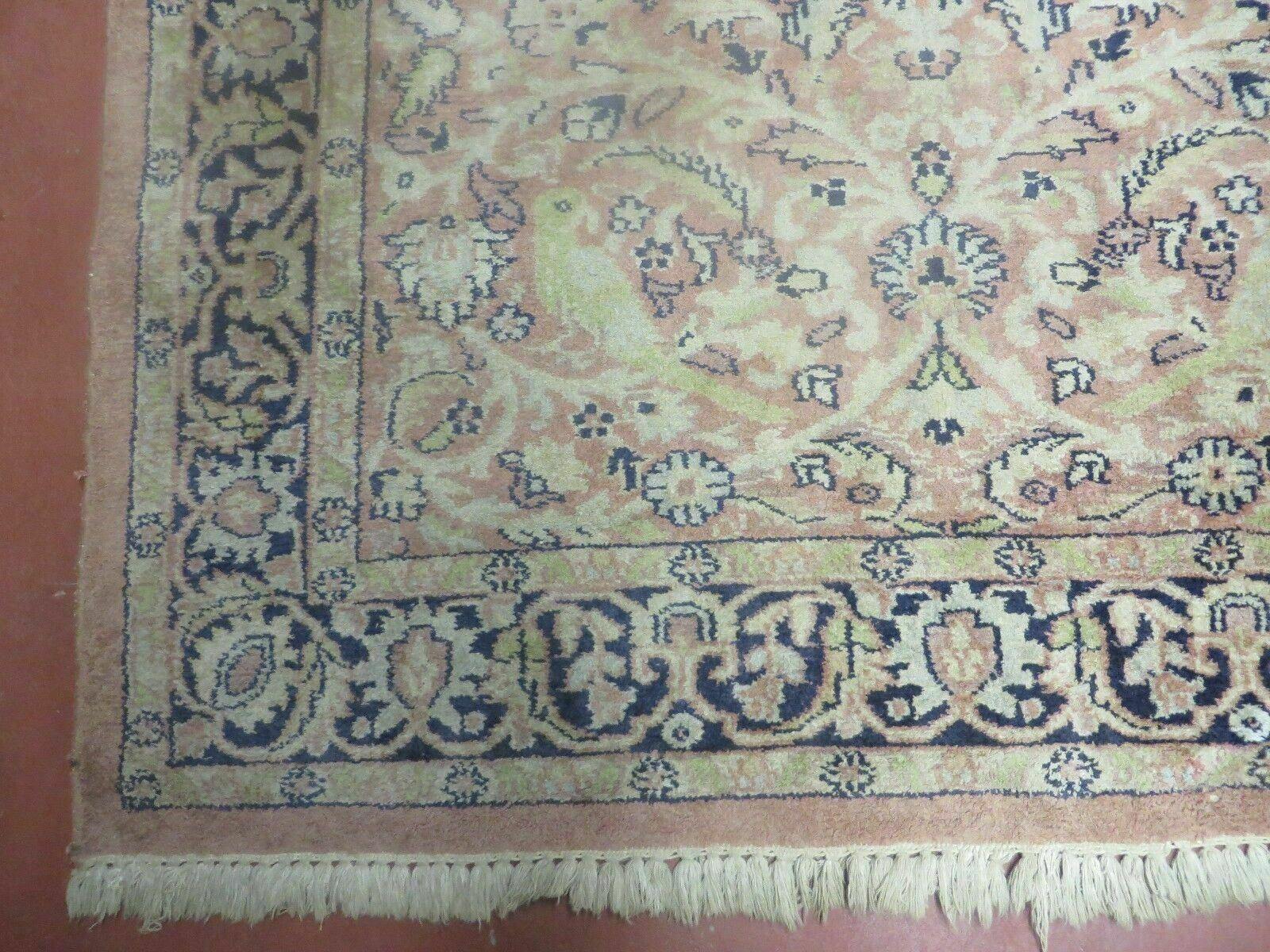 Indian Silk Rug 4x6, Indian Kashmiri Silk Carpet 4 x 6 ft, Vintage Hand Knotted Floral Bird Motifs, Light Pink and Navy Blue, Silk on Cotton - Nuvé