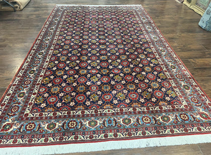 Persian Veramin Rug 7x11, Repeated Allover Pattern, Handmade Vintage Carpet, Navy Blue - Nuvé