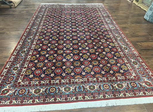 Persian Veramin Rug 7x11, Repeated Allover Pattern, Handmade Vintage Carpet, Navy Blue - Nuvé