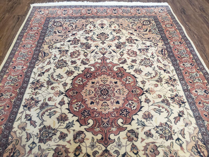 4x6 Handmade Top Quality Pakistani Floral Wool Rug Veg Dyes Carpet Beige Salmon - Nuvé