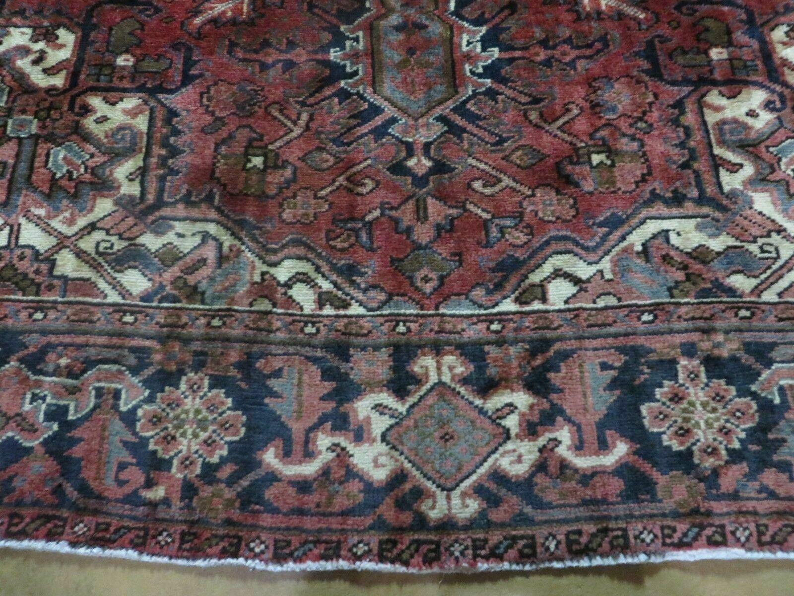 Persian Rug 8x11 Room Sized Heriz Carpet, Hand Knotted Wool Rug, Vintage Semi Antique, Geometric Medallion, Wine Red Cream Dark Blue, Wow - Nuvé