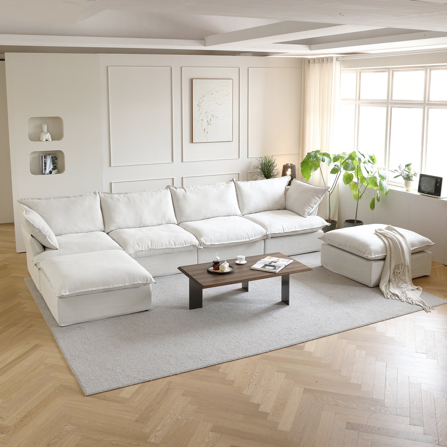 Sabi Modular Boucle Cloud Sofa - Snow White - 4-Seater Sectional Sofa with 2 Ottomans - Nuvé