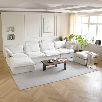 Sabi Modular Boucle Cloud Sofa - Snow White - 4-Seater Sectional Sofa with 2 Ottomans - Nuvé