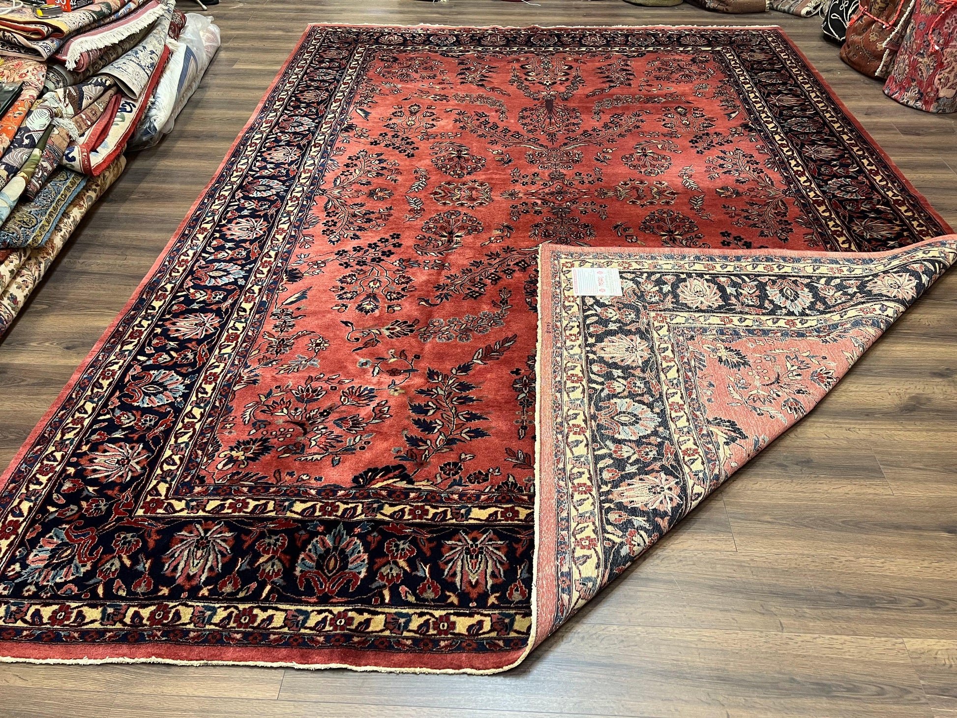 Indo Sarouk Rug 10x14, Vintage Indian Persian Area Rug 10 x 14, Wool Hand-Knotted Oriental Carpet, Red Floral Allover Large Rug, Beautiful - Nuvé