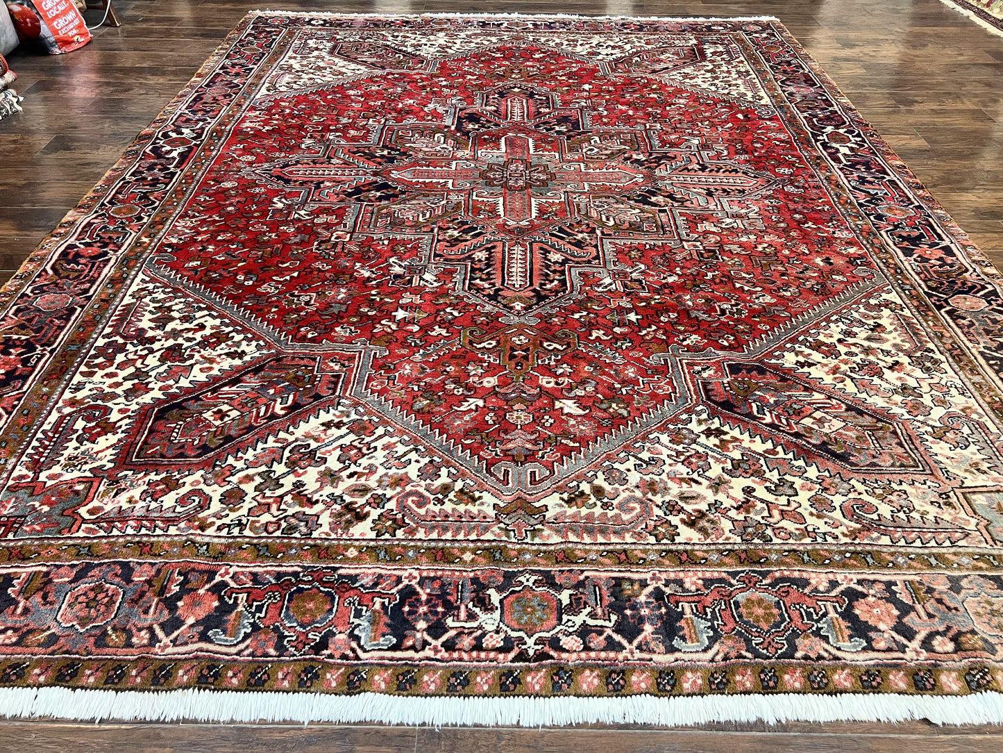 Large Persian Heriz Rug 10x13, Wool Hand Knotted Antique Carpet, Red and Ivory, Geometric Tribal Room Sized Rug, Decorative Oriental Rug - Nuvé