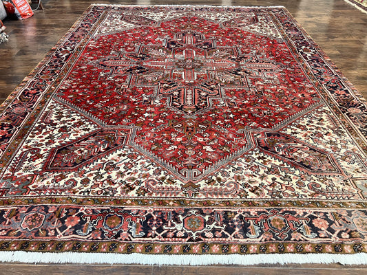 Large Persian Heriz Rug 10x13, Wool Hand Knotted Antique Carpet, Red and Ivory, Geometric Tribal Room Sized Rug, Decorative Oriental Rug - Nuvé