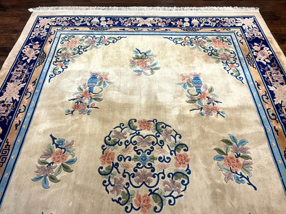 Chinese Wool Rug 8x11, Peking Asian Oriental Carpet, Cream/Ivory and Blue, Vintage Handmade Rug, Art Deco Rug - Nuvé