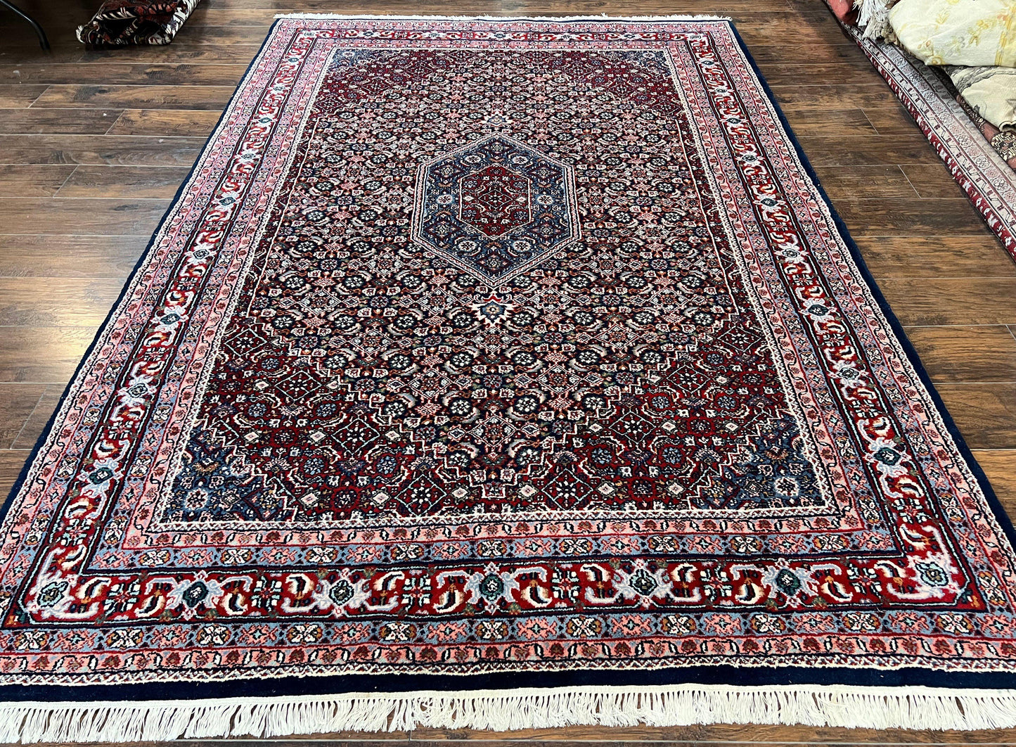 Indo Persian Rug 7x10, Dark Blue and Red Hand Knotted Wool Vintage Oriental Carpet 7 x 10 ft, Handmade Bidjar Rug, Herati Pattern Indian Rug - Nuvé