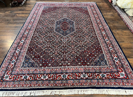 Indo Persian Rug 7x10, Dark Blue and Red Hand Knotted Wool Vintage Oriental Carpet 7 x 10 ft, Handmade Bidjar Rug, Herati Pattern Indian Rug - Nuvé