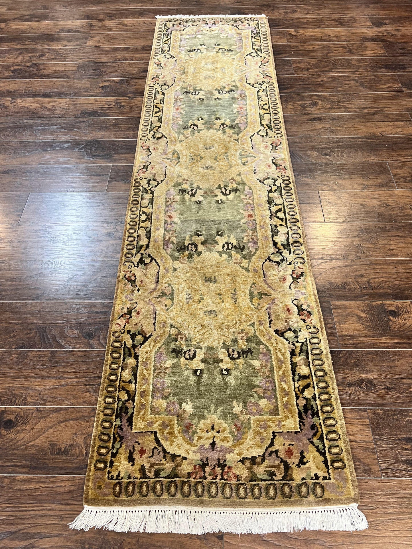 Tibetan Runner Rug 2.6 x 10, French Aubusson Pattern, Gold Olive Green, Vintage Handmade European Design, Wool Hallway Rug - Nuvé
