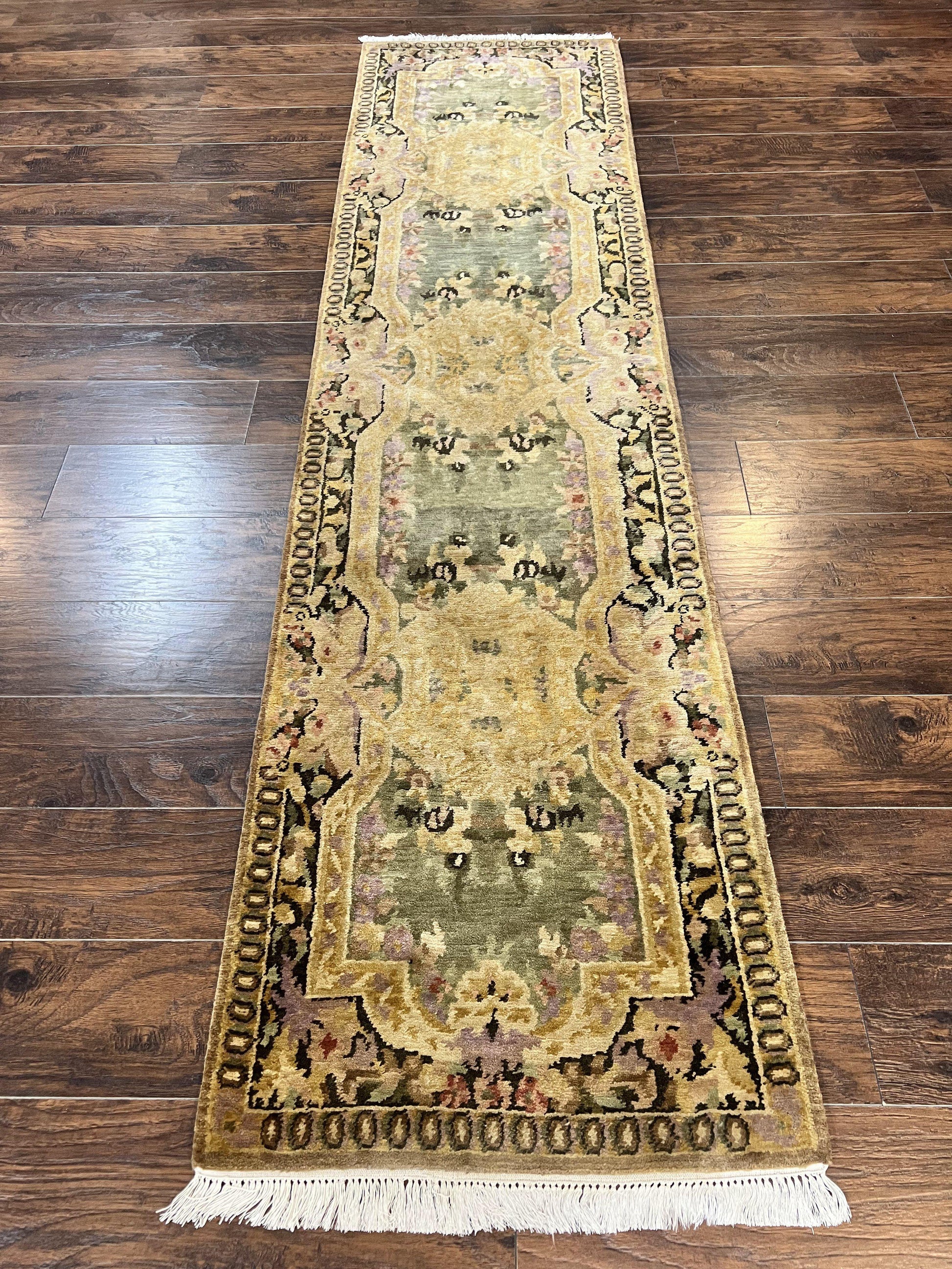 Tibetan Runner Rug 2.6 x 10, French Aubusson Pattern, Gold Olive Green, Vintage Handmade European Design, Wool Hallway Rug - Nuvé