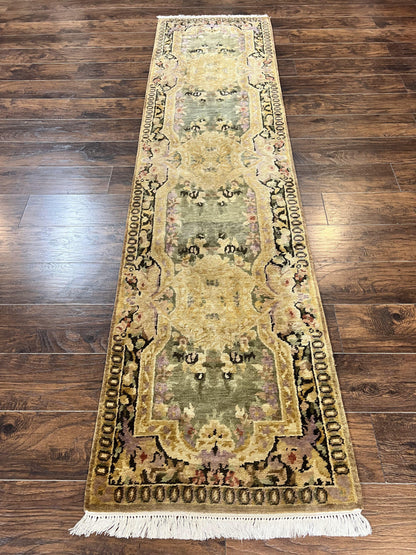 Tibetan Runner Rug 2.6 x 10, French Aubusson Pattern, Gold Olive Green, Vintage Handmade European Design, Wool Hallway Rug - Nuvé