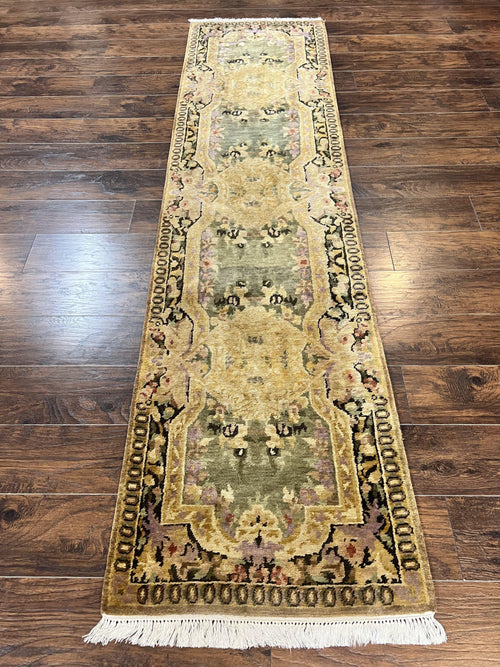 Tibetan Runner Rug 2.6 x 10, French Aubusson Pattern, Gold Olive Green, Vintage Handmade European Design, Wool Hallway Rug - Nuvé