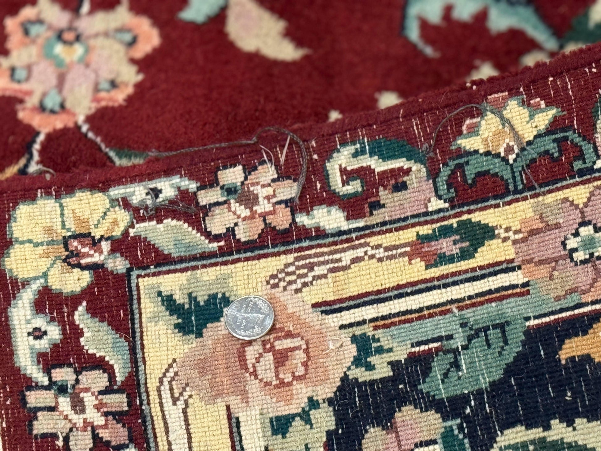 Indo Persian Rug 8x10, Floral Allover with Bird Pictorials, Maroon and Navy Blue, Handmade Wool Area Rug - Nuvé