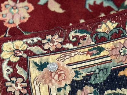 Indo Persian Rug 8x10, Floral Allover with Bird Pictorials, Maroon and Navy Blue, Handmade Wool Area Rug - Nuvé