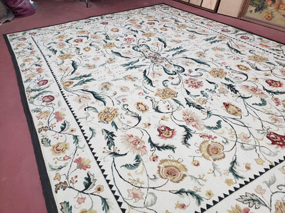 New Needlepoint Rug 9x12, Hand Woven Wool Area Rug, Flatweave Carpet, Handmade Chinese Needlepoint, Floral European Design, Ivory Background - Nuvé