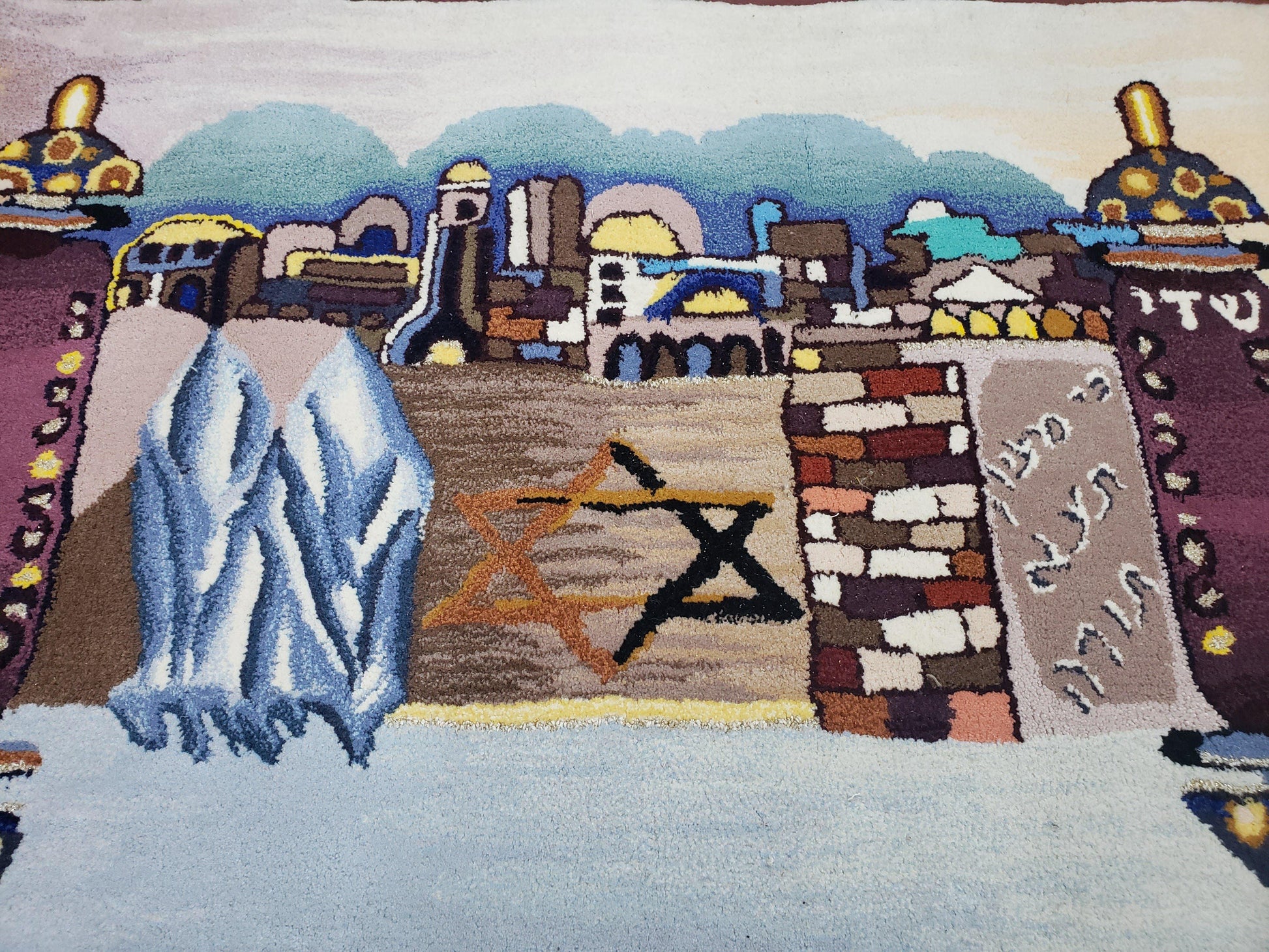 Vintage Judaica Pictorial Rug 3x5, Wool Hand-Tufted Israeli Signed Rug, Jerusalem Rug, Star of David Torah Scroll Verses, Chanuka Gift - Nuvé