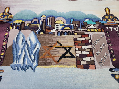 Vintage Judaica Pictorial Rug 3x5, Wool Hand-Tufted Israeli Signed Rug, Jerusalem Rug, Star of David Torah Scroll Verses, Chanuka Gift - Nuvé