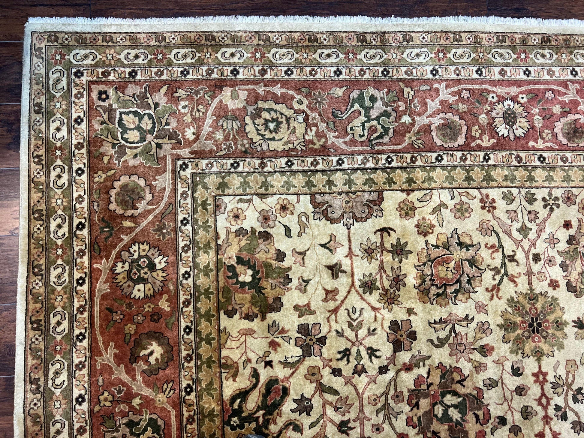 Large Indian Rug 10x14, Hand Knotted Indo Persian Gandehar Oriental Carpet, Vintage Wool Rug 10 x 14 ft Cream Red Floral Allover Traditional - Nuvé