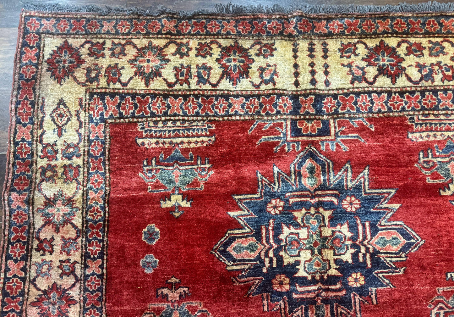 Square Turkish Rug 6x6, Azerbaijani Azeri Turkish Armenian Rug, Red Tan Blue, Geometric, Wool Carpet - Nuvé
