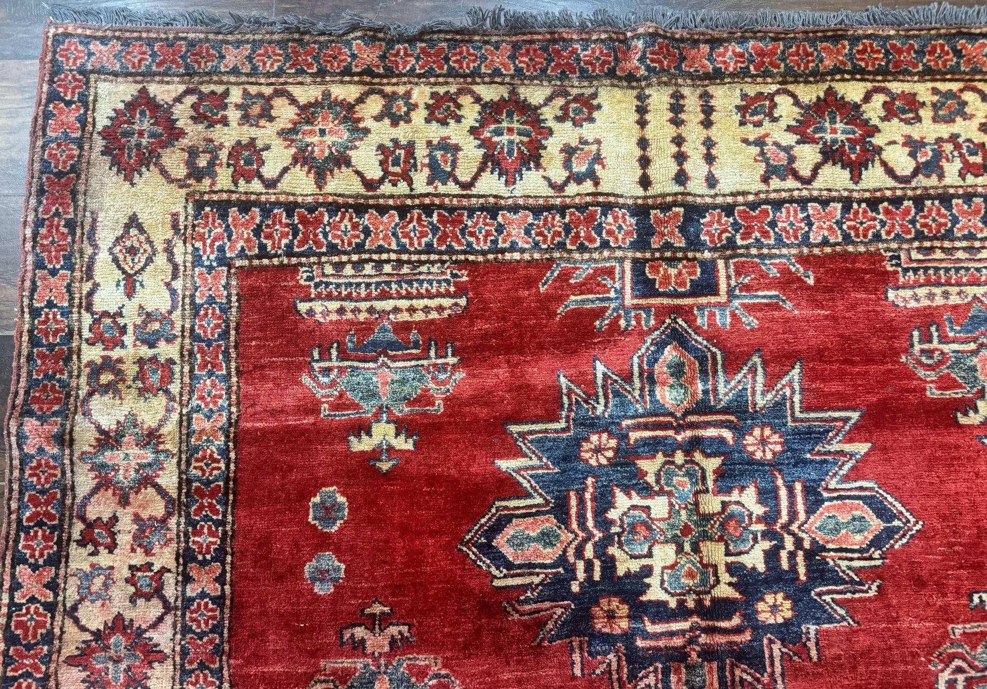 Square Turkish Rug 6x6, Azerbaijani Azeri Turkish Armenian Rug, Red Tan Blue, Geometric, Wool Carpet - Nuvé