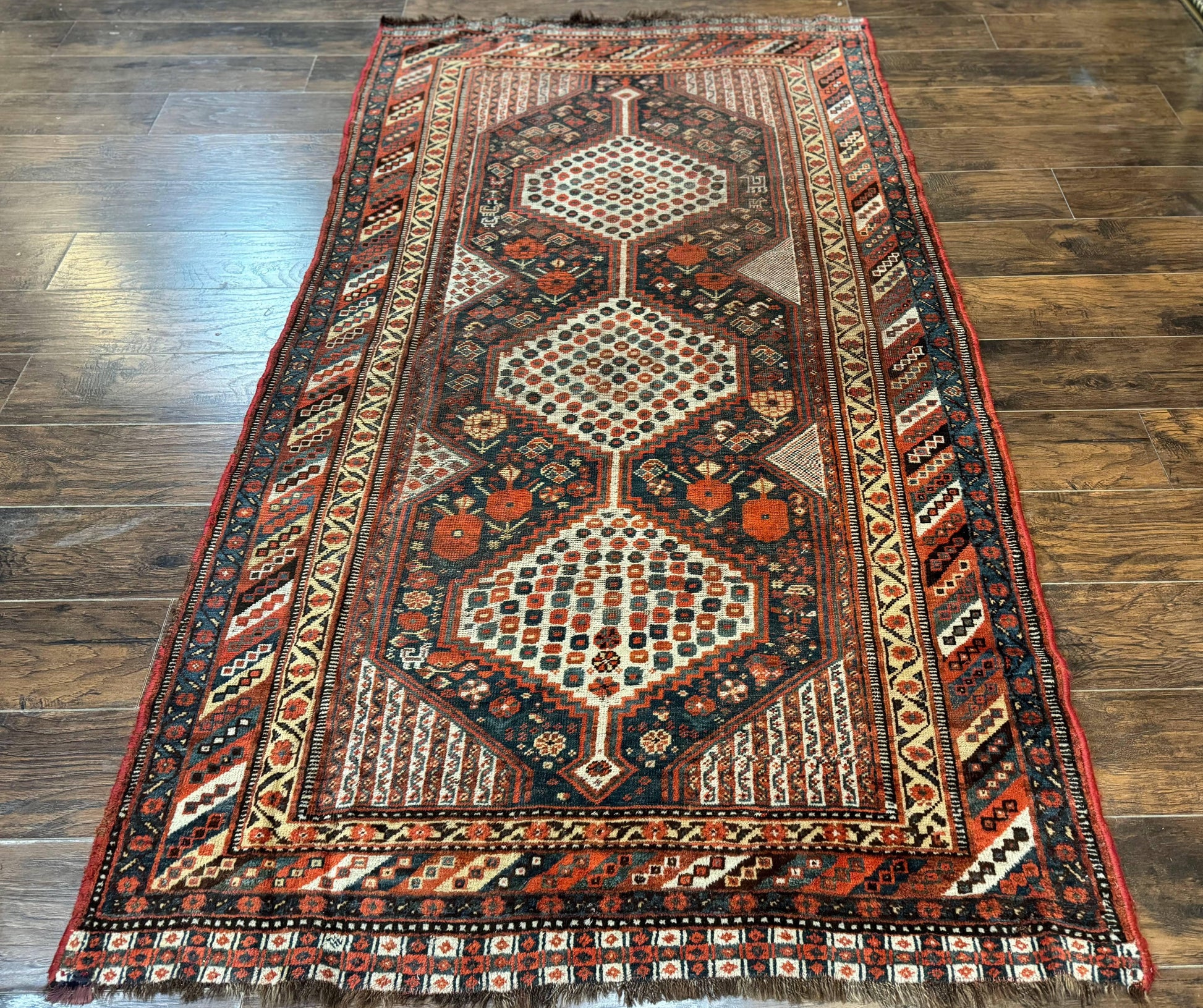 Antique Persian Shiraz Rug 5x8, Khamseh Tribal Wool 1920s Carpet, Navy Blue - Nuvé