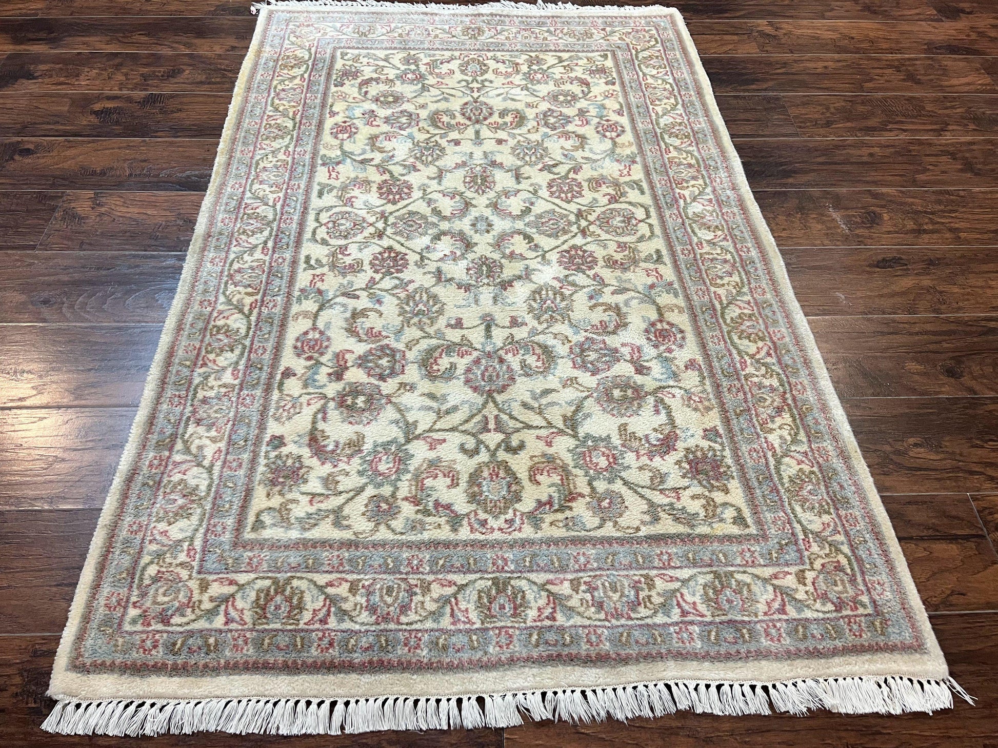 Indo Persian Rug 4x6, Vintage Handmade Wool Carpet, Floral Allover Pattern, Beige, Pair A - Nuvé