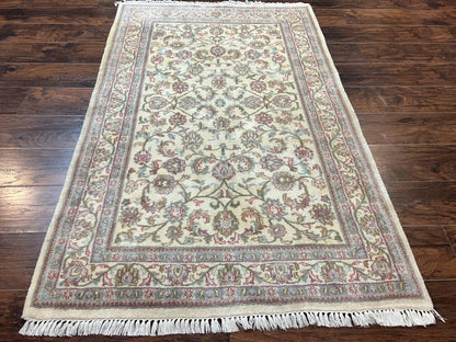 Indo Persian Rug 4x6, Vintage Handmade Wool Carpet, Floral Allover Pattern, Beige, Pair A - Nuvé