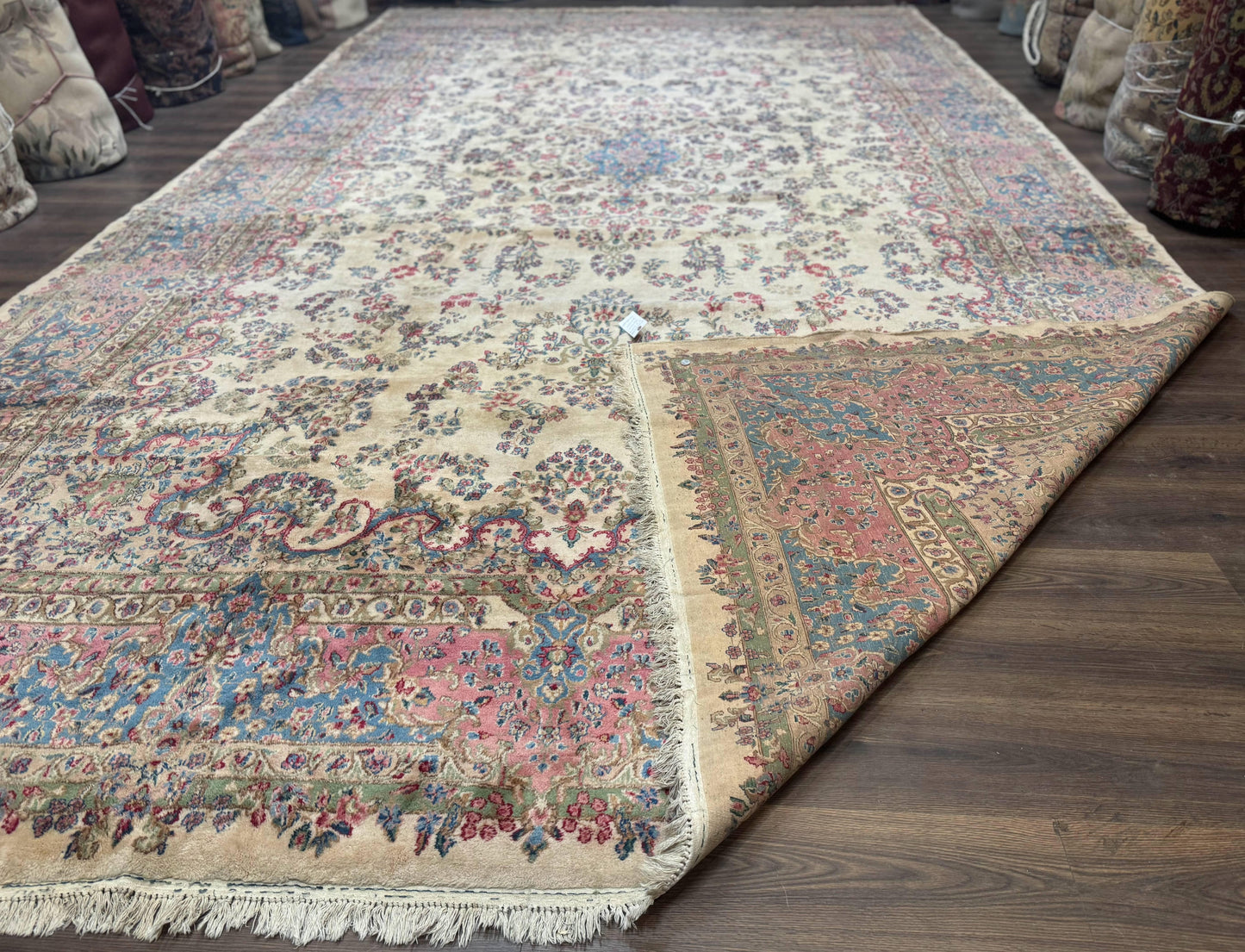 Palace Size Persian Kerman Rug 11x20 ft, Very Fine 340 KPSI, Vintage Oversized Wool Handmade Large Persian Carpet, Beige Light Blue Pink - Nuvé
