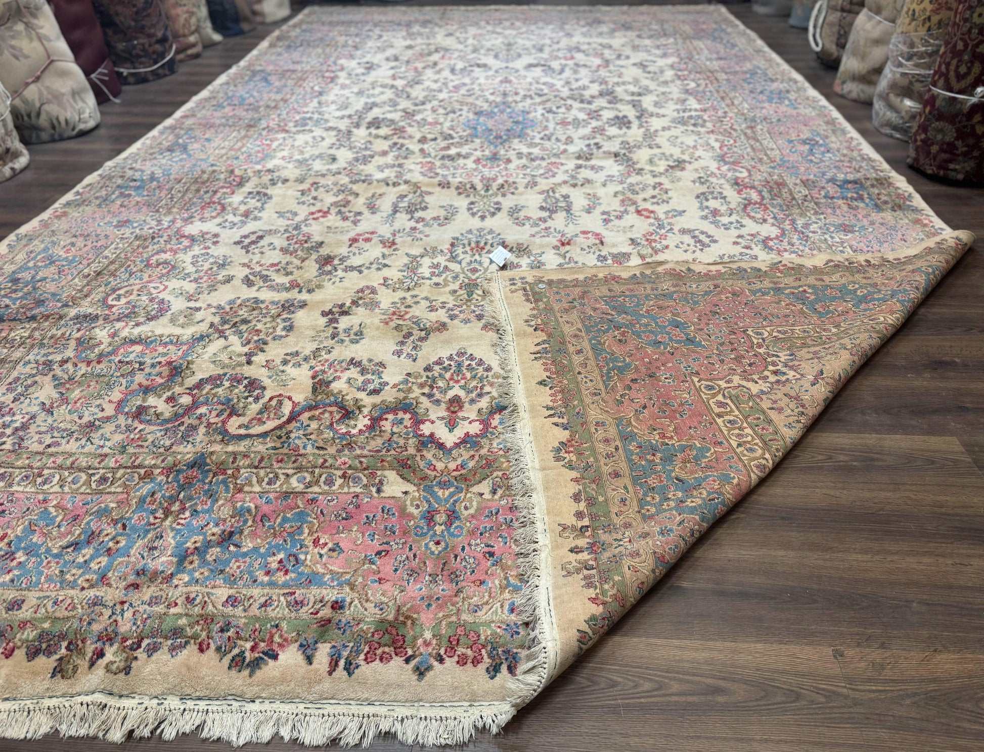 Palace Size Persian Kerman Rug 11x20 ft, Very Fine 340 KPSI, Vintage Oversized Wool Handmade Large Persian Carpet, Beige Light Blue Pink - Nuvé
