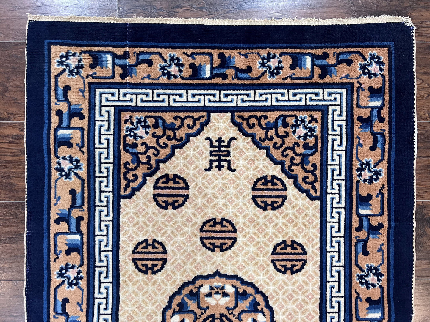 Chinese Peking Rug 3x5, Antique Chinese Art Deco Carpet, Blue Ivory Tan, Hand Knotted Wool Asian Oriental Rug 3 x 5 Vintage Small Peking Rug