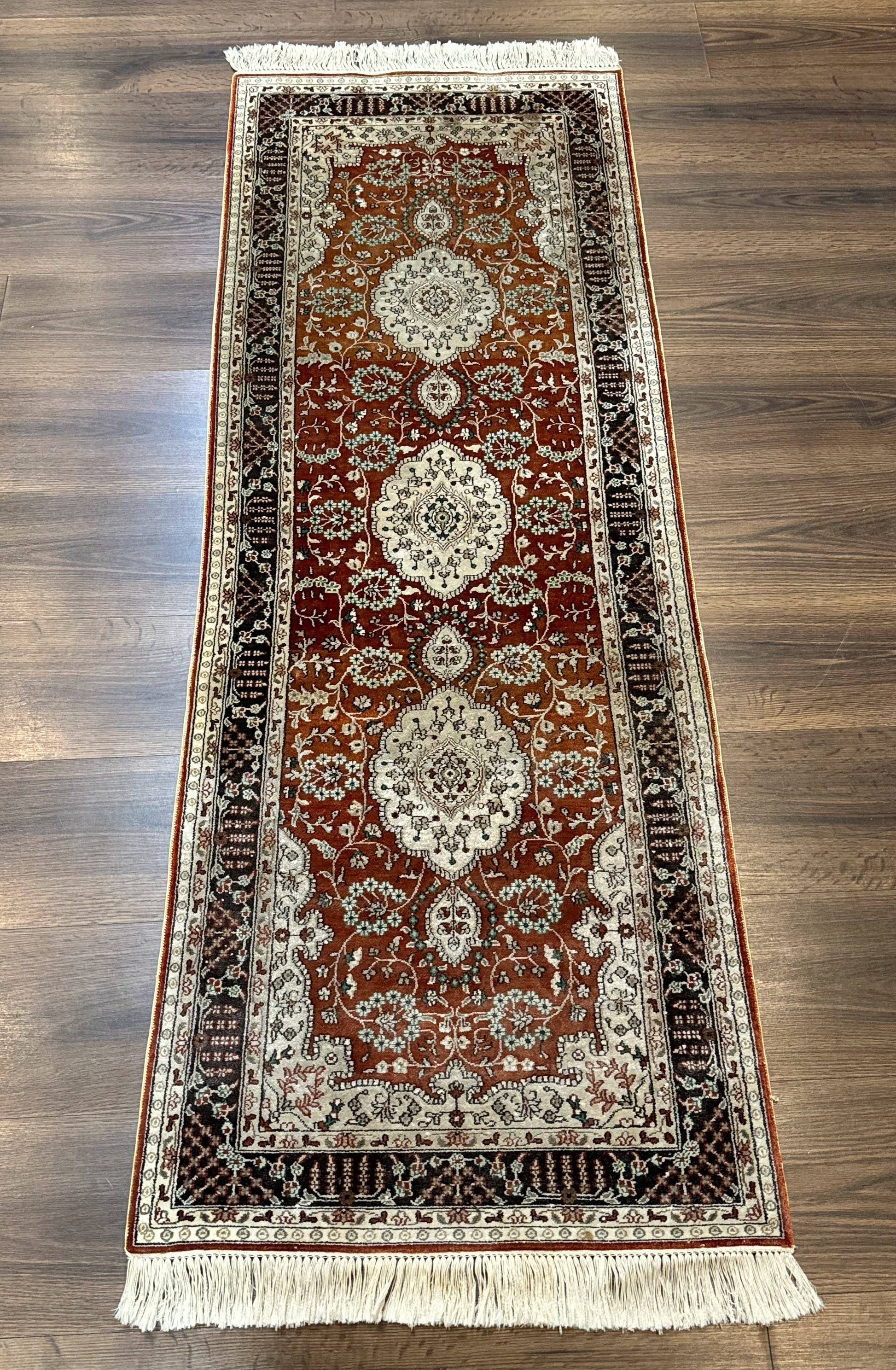 Turkish Silk Narrow Runner Rug 2 x 5.8, Very Fine 340 KPSI, Floral Medallions, Red - Nuvé