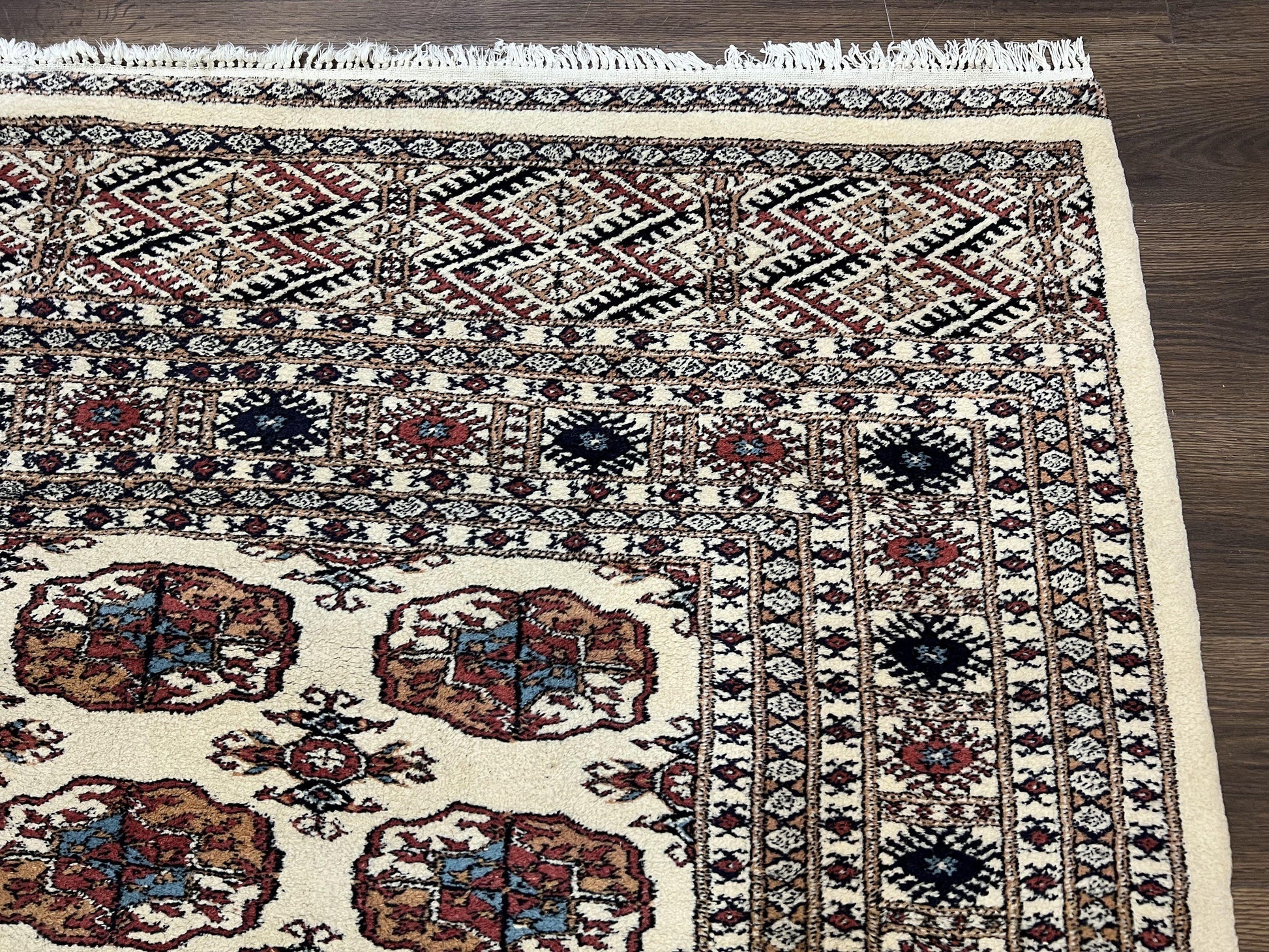 Pakistani Bokhara Rug 8x10, Traditional Turkoman Tribal Carpet, Allover Repeated Elephant Foot Motif, Ivory/Cream Black Red, Vintage Handmade - Nuvé