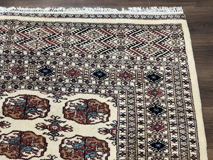 Pakistani Bokhara Rug 8x10, Traditional Turkoman Tribal Carpet, Allover Repeated Elephant Foot Motif, Ivory/Cream Black Red, Vintage Handmade - Nuvé