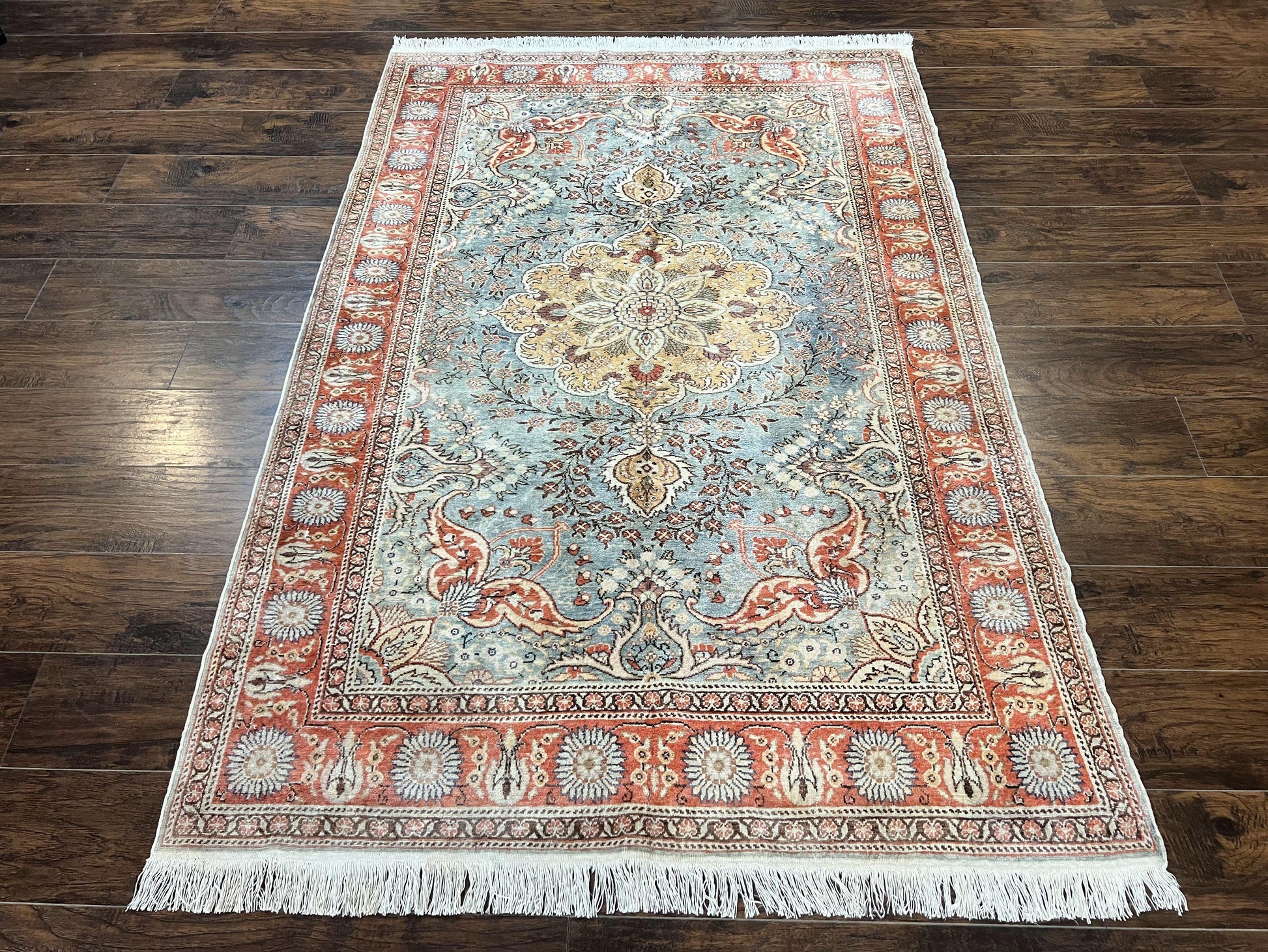 Silk Turkish Rug 5x7, Light Blue Silk Carpet, Floral Medallion, Turkish Kayseri Rug, Vintage Handmade Oriental Rug - Nuvé