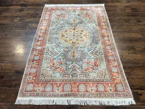 Silk Turkish Rug 5x7, Light Blue Silk Carpet, Floral Medallion, Turkish Kayseri Rug, Vintage Handmade Oriental Rug - Nuvé