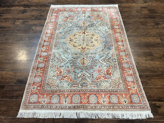 Silk Turkish Rug 5x7, Light Blue Silk Carpet, Floral Medallion, Turkish Kayseri Rug, Vintage Handmade Oriental Rug - Nuvé