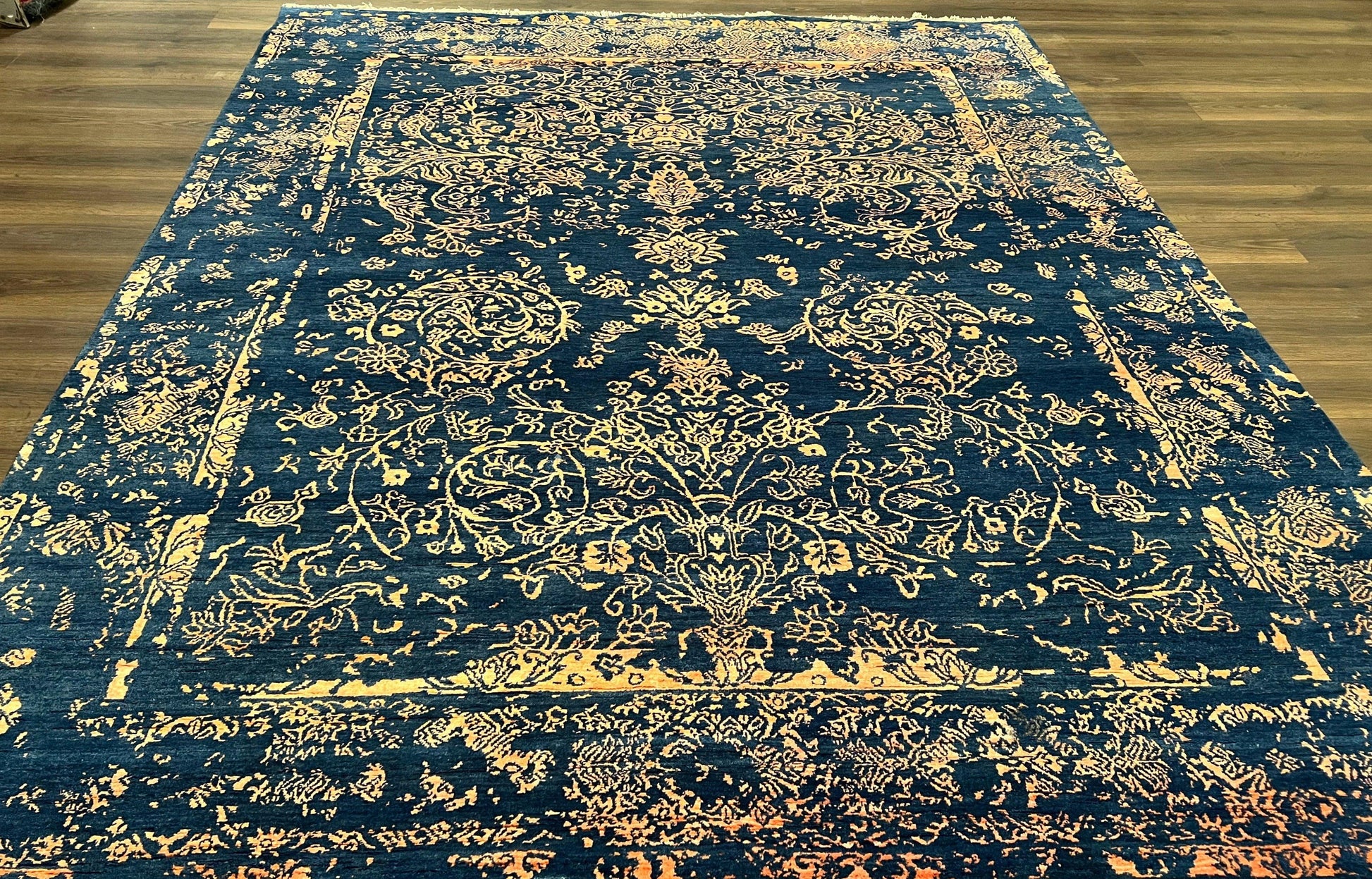 Area Rug 8x10 High Quality Handmade Oriental Carpet, Modern Contemporary Rug, Rug for Living Room, Wool Rug, Blue and Gold, Pakistani Rug - Nuvé