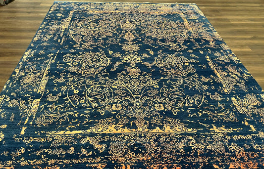 Area Rug 8x10 High Quality Handmade Oriental Carpet, Modern Contemporary Rug, Rug for Living Room, Wool Rug, Blue and Gold, Pakistani Rug - Nuvé