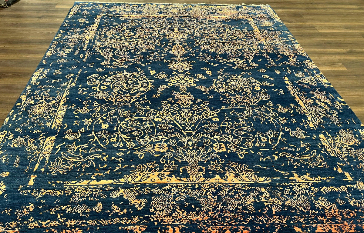 Area Rug 8x10 High Quality Handmade Oriental Carpet, Modern Contemporary Rug, Rug for Living Room, Wool Rug, Blue and Gold, Pakistani Rug