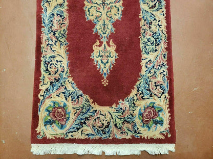 Small Persian Kirman Rug 2x4, Wool Oriental Vintage Handmade Carpet, Hand Knotted Floral Medallion, Red & Beige, Semi Open Field - Nuvé