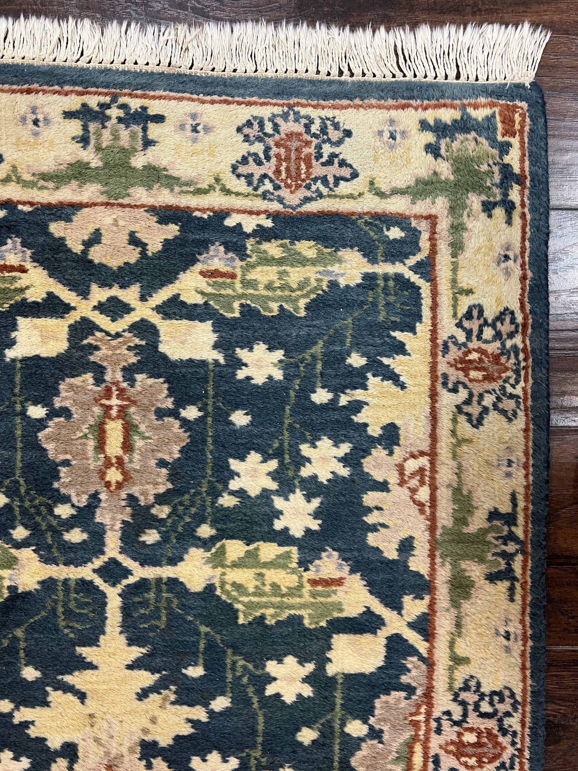 Indian Runner Rug 2.6 x 12, Navy Blue Beige Oriental Runner Rug 12ft Long, Narrow Hallway Runner, Wool Hand Knotted Indo Persian Mahal Rug - Nuvé