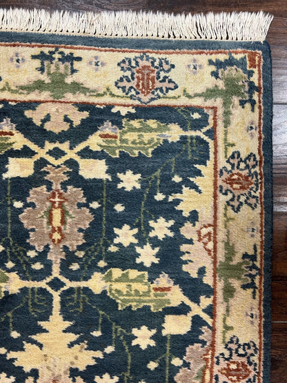 Indian Runner Rug 2.6 x 12, Navy Blue Beige Oriental Runner Rug 12ft Long, Narrow Hallway Runner, Wool Hand Knotted Indo Persian Mahal Rug - Nuvé