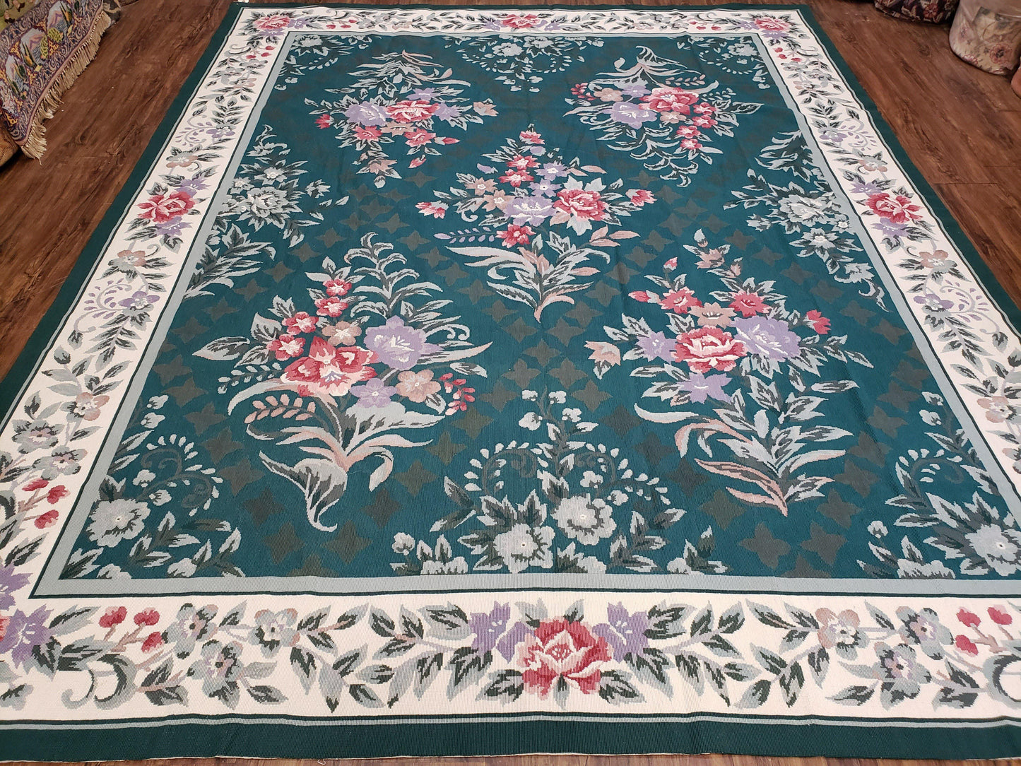 Chinese Needlepoint Rug 8x10, Vintage Green Area Rug, Hand-Woven Flatweave Floral European Design Carpet Wool Handmade 8x 10 Living Room Rug - Nuvé