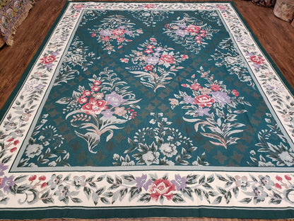 Chinese Needlepoint Rug 8x10, Vintage Green Area Rug, Hand-Woven Flatweave Floral European Design Carpet Wool Handmade 8x 10 Living Room Rug - Nuvé
