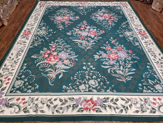 Chinese Needlepoint Rug 8x10, Vintage Green Area Rug, Hand-Woven Flatweave Floral European Design Carpet Wool Handmade 8x 10 Living Room Rug - Nuvé
